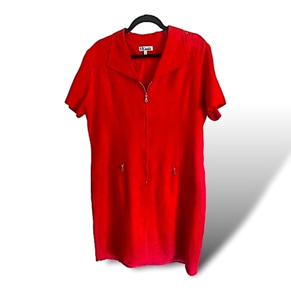 NY Sake LINEN Shirt Dress Silver Hardware Zip front, zipper pockets Red Size 1… - Picture 5 of 16